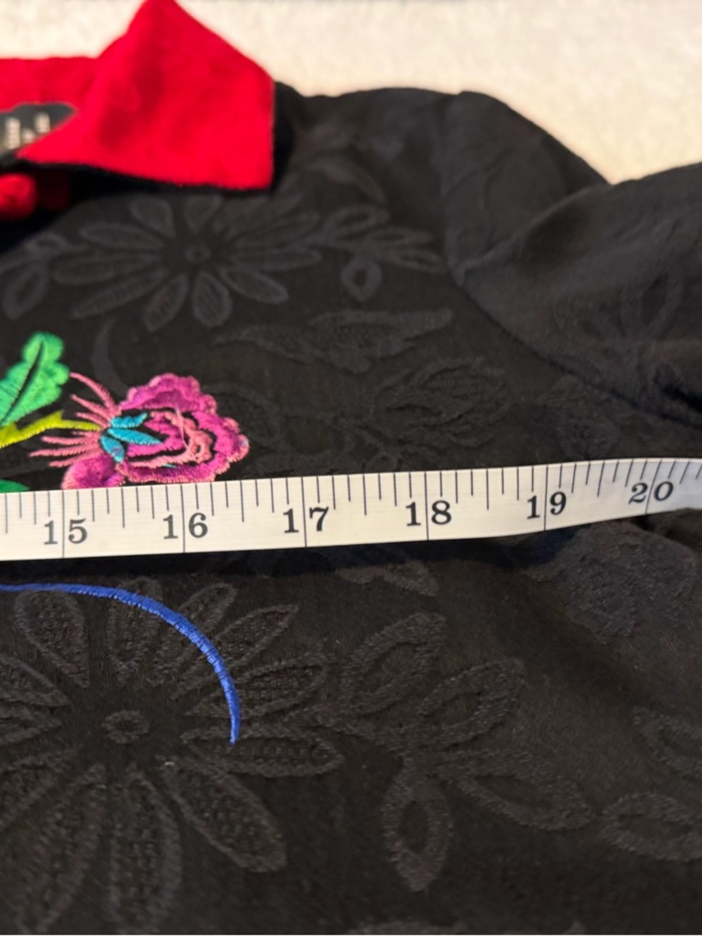 Black Embroidered Jacket with Red Collar and Multicolor Floral Detail - Picture 6 of 12